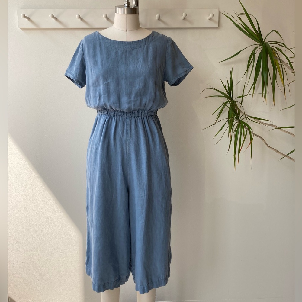 Not Perfect Linen Cropped MIDI Barcelona Jumpsuit in French Blue - Size S